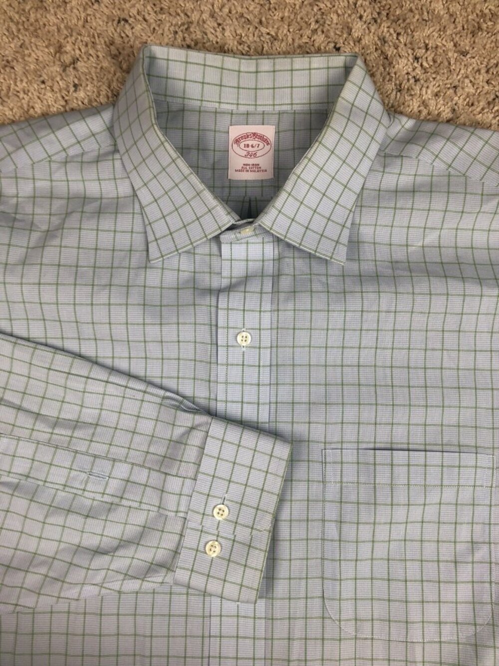 Brooks Brothers Men's Adult Sz 18 - 6/7 Button Up Shirt Plaid Blue And Green